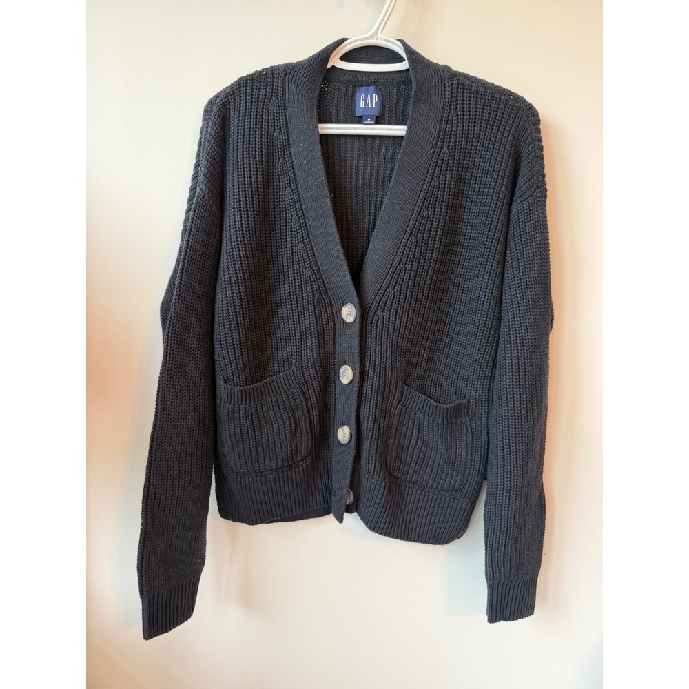 GAP Black Shaker Stitch Cardigan Sweater V-Neck Button Front Pocket Knit Mens M